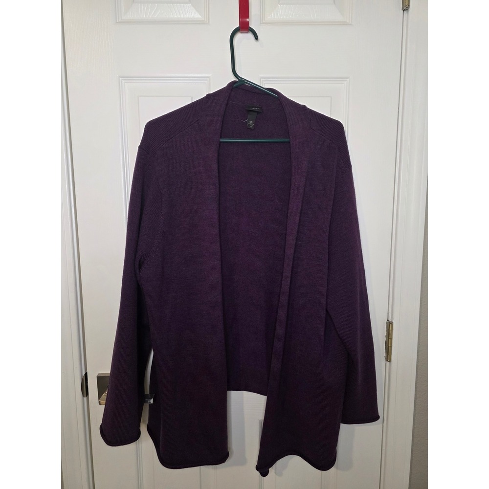 Eileen Fisher Woman 1X Purple 100% Merino Wool Open Front Cardigan Italian Yarn